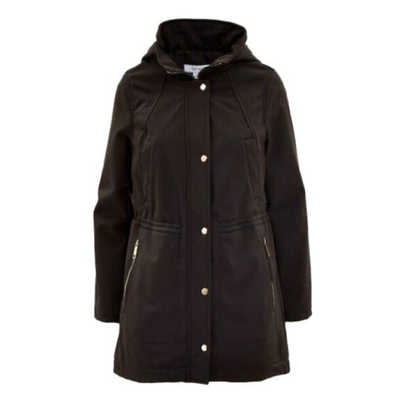 Nine West Women’s Soft Shell Removable Hood Zip Up Trench Coat Black Size L - Picture 1 of 14